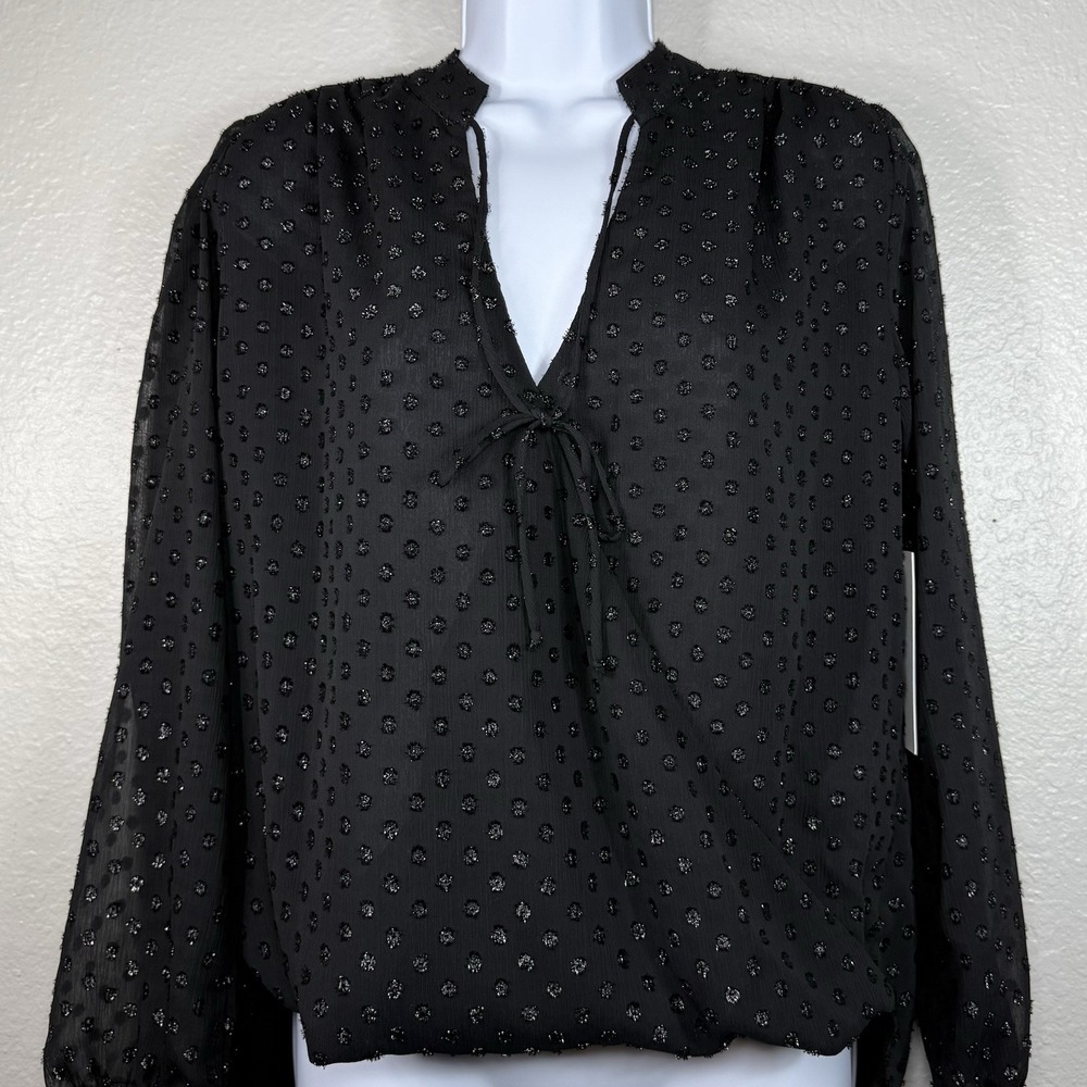Women's black split-neck blouse Size S lightweight sheer black chiffon dots